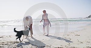 Senior, couple or dog at beach with play, bonding and outdoor for retirement, holiday or vacation. Elderly, man or woman