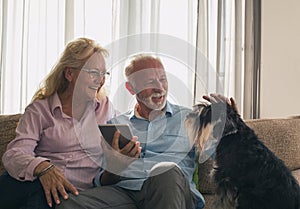 Senior couple with dog on sofa at home