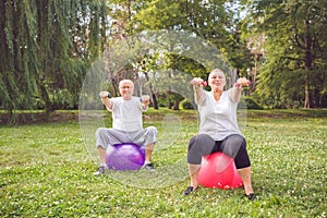 Senior couple doing fitness exercises on fitness ball in park