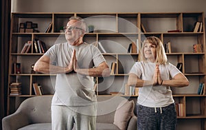 Senior couple is doing fitness training at home. Doing yoga together. Healthy lifestyle concept.