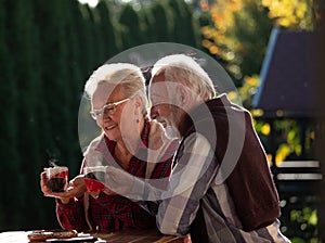 Senior couple drinking coffee in garden photo