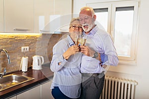 Senior couple drinking wine in kitchen