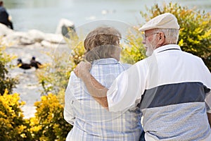 Senior Couple Embrace on a Bench in The Park