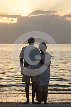 Senior Couple Embracing Sunset Tropical Beach