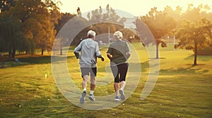 A Senior Couple Enhances Their Respiratory System with Daily Jogs on the Grass