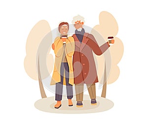 Senior couple enjoying autumn together. Positive grandparents in fashionable outfits