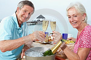 Senior Couple Enjoying Meal In Seafront Restaurant photo