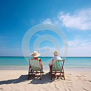 Senior Couple Enjoying a Relaxing Beach Vacation. Generative AI