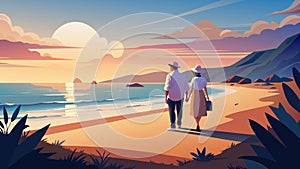 Senior Couple Enjoying a Sunset Stroll on the Beach photo