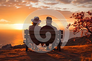 Senior couple enjoys a peaceful sunset on a bench, embodying enduring love