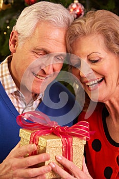 Senior Couple Exchanging Christmas Gifts