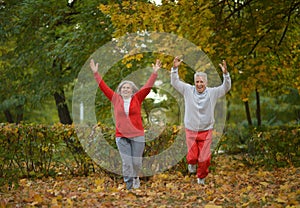 Senior couple exercising in autumn park