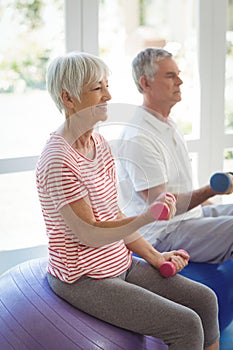 Senior couple exercising with dumbbells on exercise ball