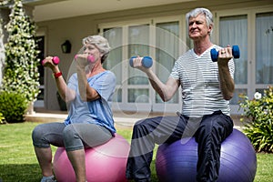 Senior couple exercising with dumbbells on fitness ball