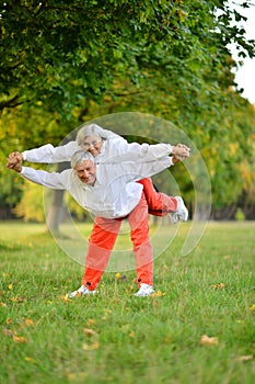 Senior couple exercising in park