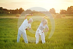 Senior couple exercising  in summer field