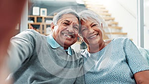 Senior couple, face and selfie on sofa with smile for memory with love, care and bonding in house. Old man, elderly