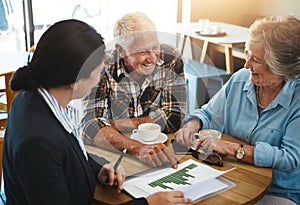 Senior couple, financial advisor and paperwork and talking, profit growth and investment conversation for retirement