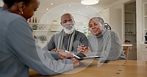 Senior couple, financial advisor and sign document in home for savings, investments or retirement fund. Black man, wife