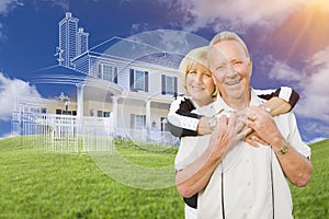 Senior Couple In Front of Ghosted House Drawing on Grass