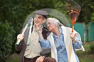 Senior couple gardening