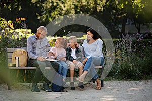 Senior couple with grandchildren sitting on bench and doing homewrok outdoors in park.