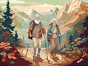 senior couple grandfather elderly old walking hiking happy active trekking. Generative AI.