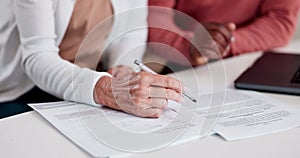 Senior couple, hands and documents for signature, contract agreement and retirement or asset management. Financial