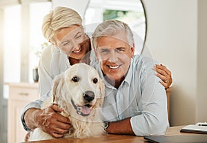 Senior couple, happy dog and smile of people in a home with quality time together. Animal love and happiness of elderly