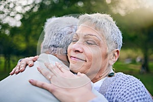 Senior couple, happy and hug at park with love, care and bonding for trust, support and wellness outdoor. Elderly man