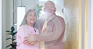 Senior couple, happy and smiling at door, marriage and embrace at home and retired. Retirement, elderly or love for