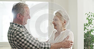 Senior couple, happy and smiling with hug, marriage and embrace, outdoor and joyful. Retirement, elderly or love for