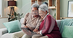 Senior couple, happy and tablet for memories, streaming and communication in living room. People, mature man and woman
