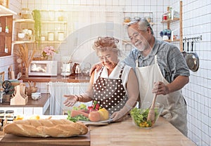 Senior couple having fun in kitchen with healthy food - Retired people cooking meal at home with man and woman preparing lunch