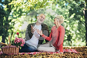 Senior couple having a picnic in park