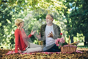 Senior couple having a picnic in park