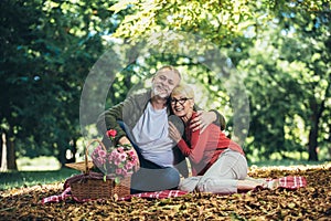 Senior couple having a picnic in park