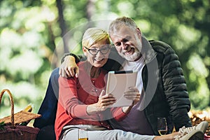 Senior couple having a picnic in park using digital tablet