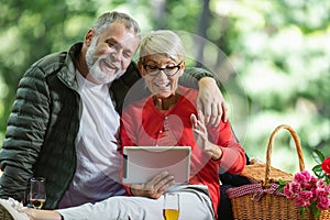 Senior couple having a picnic in park using digital tablet