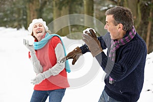 Senior Couple Having Snowball Fight In Snow