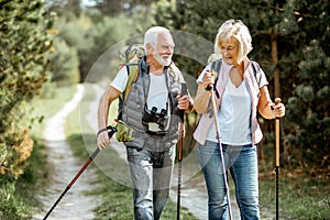 Senior couple hiking in the forest