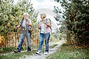 Senior couple hiking in the forest