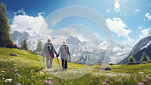 senior couple hiking high in the mountains, generative ai