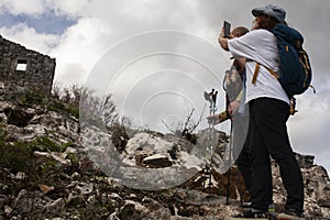 senior couple hiking outdoor, man and woman norwegian walking with sticks