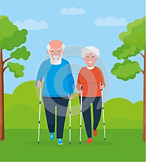 Senior couple hiking at the park. Nordic walking. Vector illustration. Healthy lifestyle concept. Cartoon style