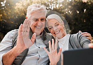 Senior couple, hiking and video call in nature, wave and smile outdoor with hello, sunshine and adventure. Elderly man