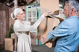 Senior couple holding cardboard boxes while moving into new house