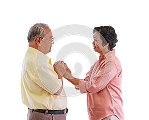 Senior couple holding hands for love and togetherness isolated on white
