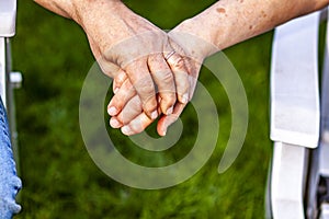 Senior couple holding hands while sitting together in the garden