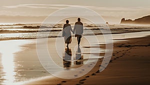 Senior couple holding hands, walking on sand, enjoying sunset together generated by AI